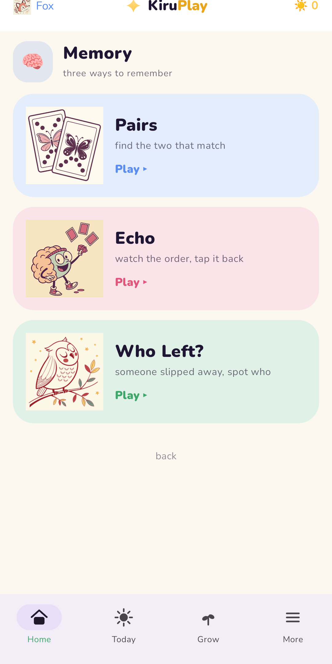 The memory games: pairs, echo and who left