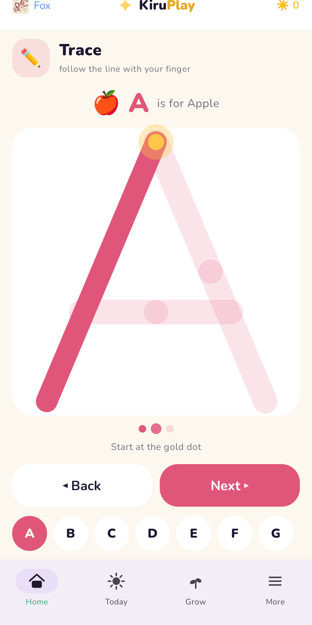 Tracing the letter A with a finger